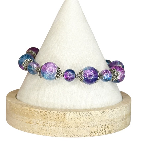 NEW Mermaid Bubbles Blue & Purple Crackle Glass Beaded Bracelet - Picture 3 of 6